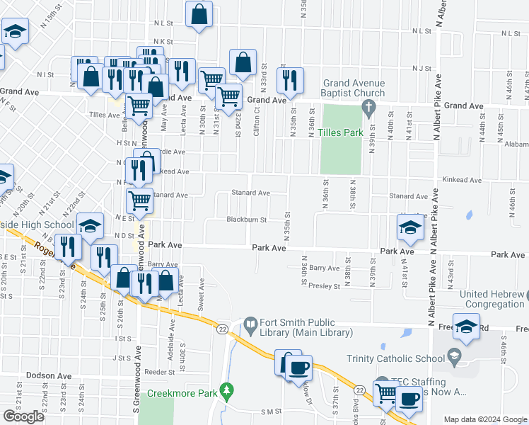 map of restaurants, bars, coffee shops, grocery stores, and more near 507 North 34th Street in Fort Smith