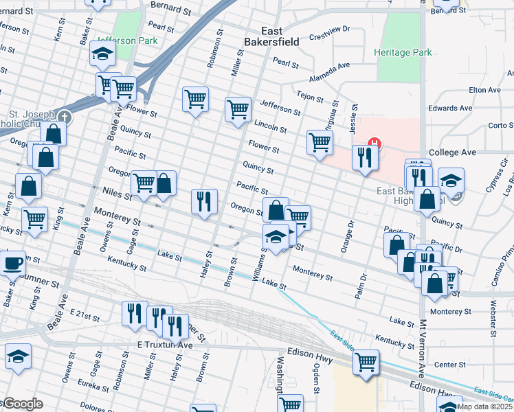 map of restaurants, bars, coffee shops, grocery stores, and more near 1432 Oregon Street in Bakersfield