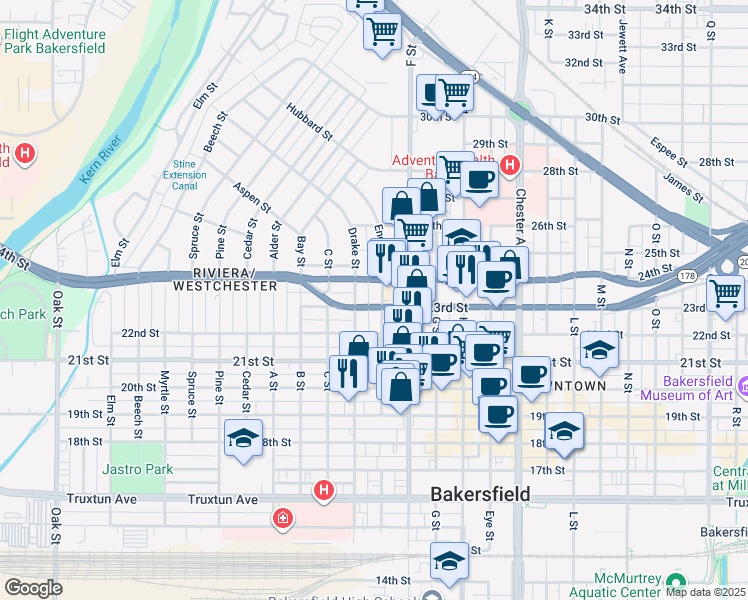 map of restaurants, bars, coffee shops, grocery stores, and more near 2301 E Street in Bakersfield