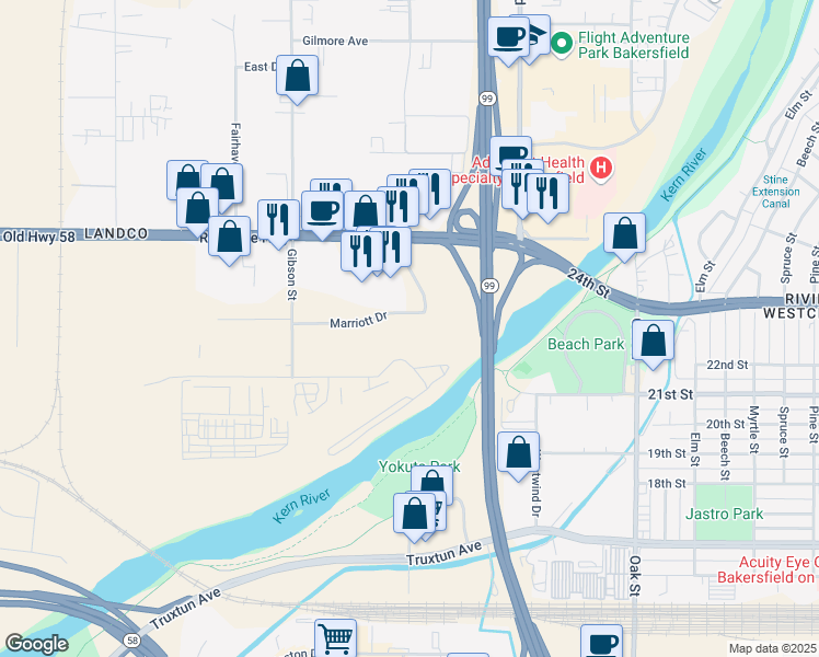 map of restaurants, bars, coffee shops, grocery stores, and more near 3601 Marriott Drive in Bakersfield