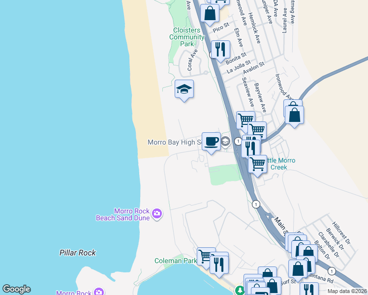 map of restaurants, bars, coffee shops, grocery stores, and more near 113-219 Atascadero Road in Morro Bay
