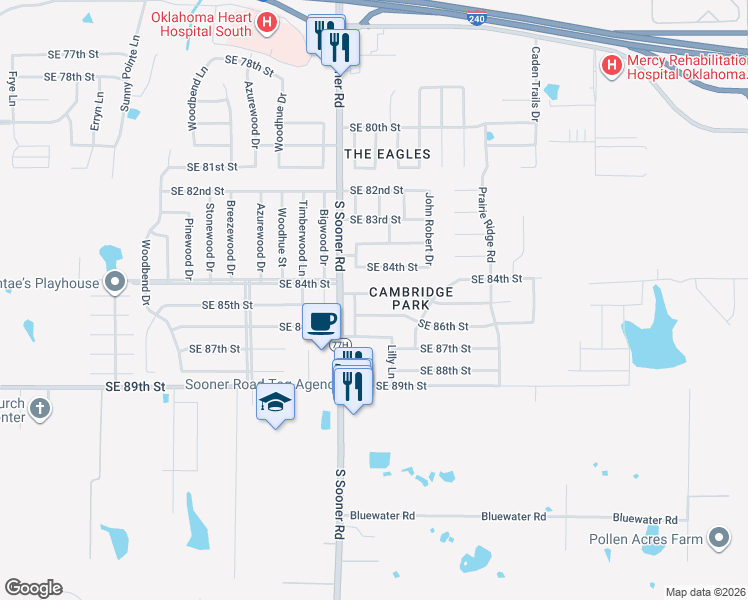 map of restaurants, bars, coffee shops, grocery stores, and more near 5704 Southeast 85th Street in Oklahoma City