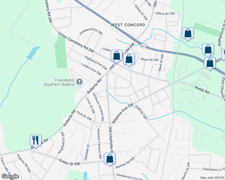 map of restaurants, bars, coffee shops, grocery stores, and more near 599 Splicewood Drive Southwest in Concord