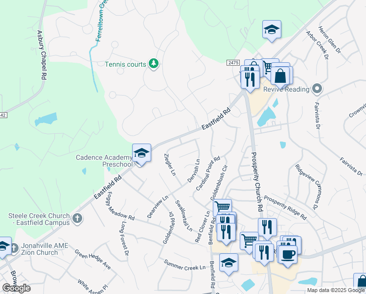 map of restaurants, bars, coffee shops, grocery stores, and more near 6600 Ziegler Lane in Charlotte