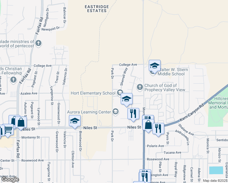 map of restaurants, bars, coffee shops, grocery stores, and more near 7701 Bruce Way in Bakersfield