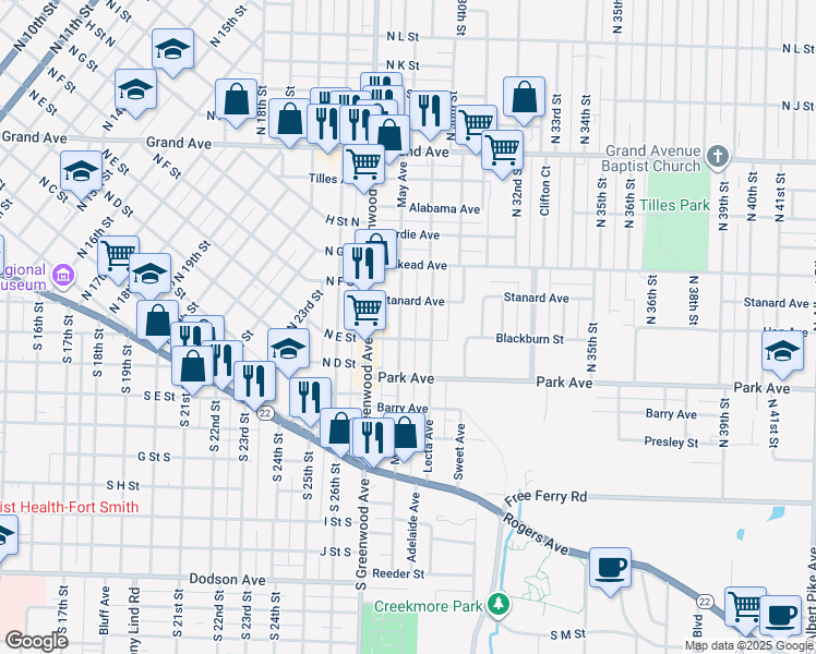 map of restaurants, bars, coffee shops, grocery stores, and more near 508 North May Avenue in Fort Smith