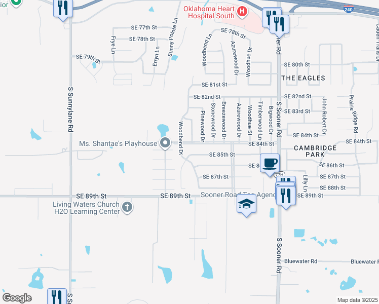 map of restaurants, bars, coffee shops, grocery stores, and more near 5009 Southeast 85th Street in Oklahoma City