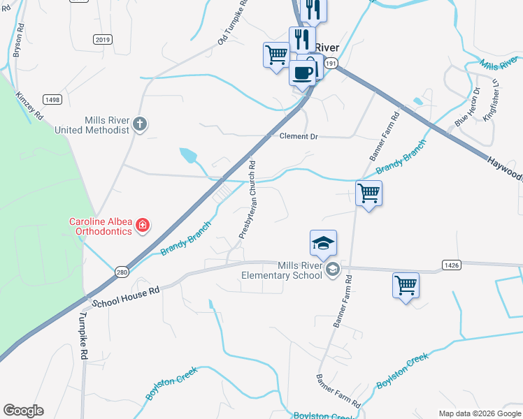 map of restaurants, bars, coffee shops, grocery stores, and more near 52 Presbyterian Church Road in Mills River
