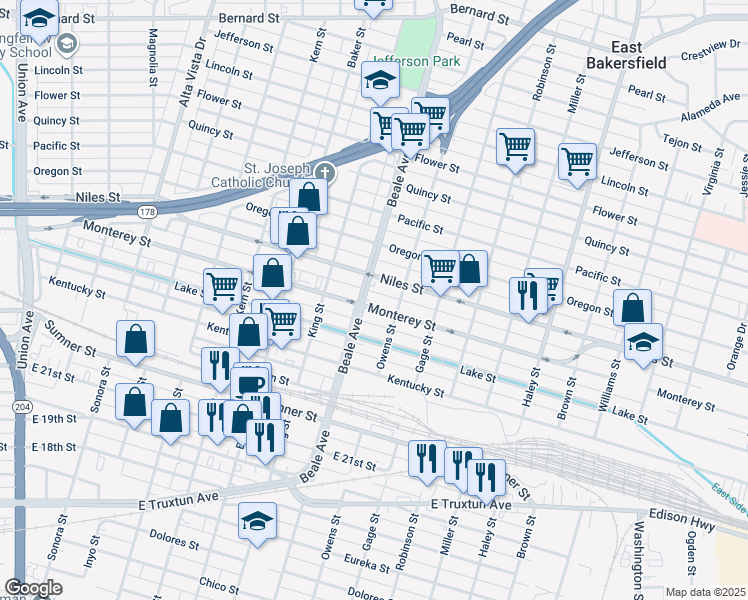 map of restaurants, bars, coffee shops, grocery stores, and more near 900 Monterey Street in Bakersfield