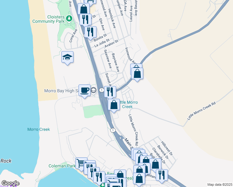 map of restaurants, bars, coffee shops, grocery stores, and more near 440 Atascadero Road in Morro Bay