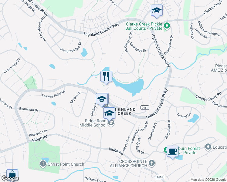 map of restaurants, bars, coffee shops, grocery stores, and more near 5826 Mantario Drive in Charlotte