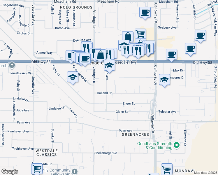 map of restaurants, bars, coffee shops, grocery stores, and more near 2206 Dean Avenue in Bakersfield