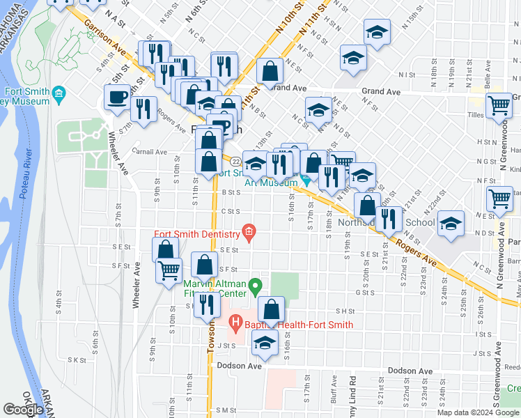 map of restaurants, bars, coffee shops, grocery stores, and more near 1409 C Street South in Fort Smith