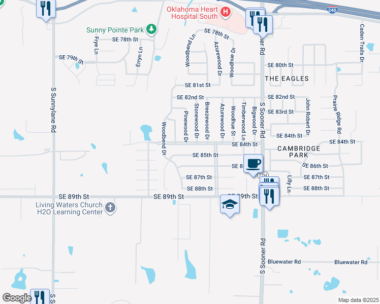 map of restaurants, bars, coffee shops, grocery stores, and more near 5201 Southeast 85th Street in Oklahoma City