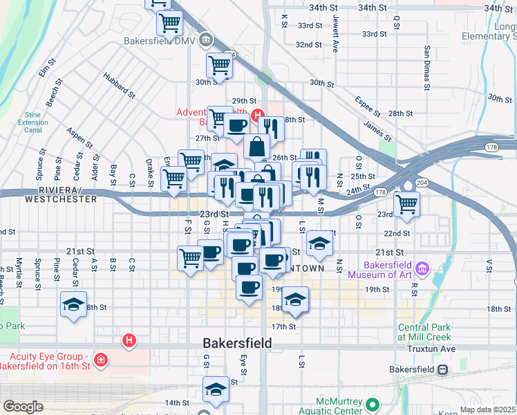 map of restaurants, bars, coffee shops, grocery stores, and more near 2305 Chester Avenue in Bakersfield