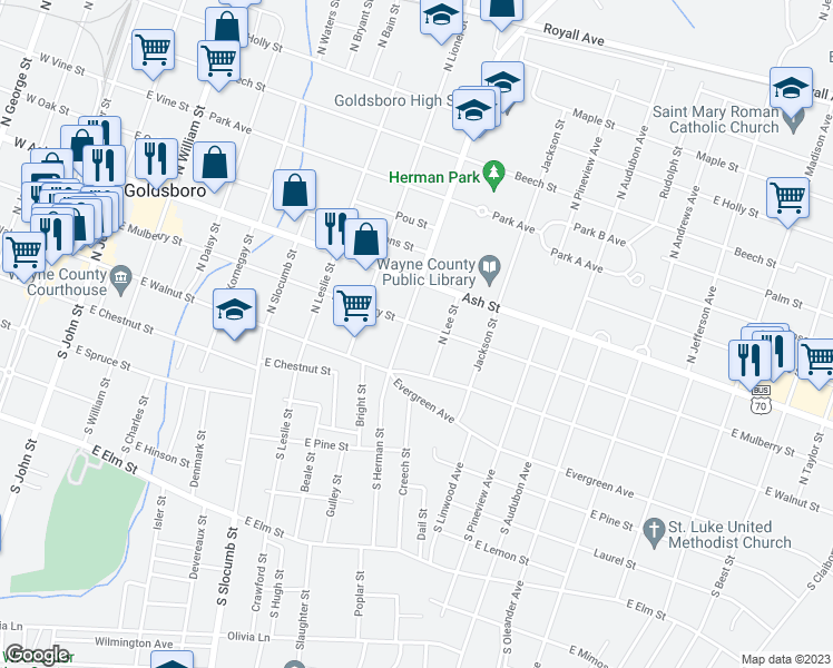 map of restaurants, bars, coffee shops, grocery stores, and more near 108 N Herman St in Goldsboro