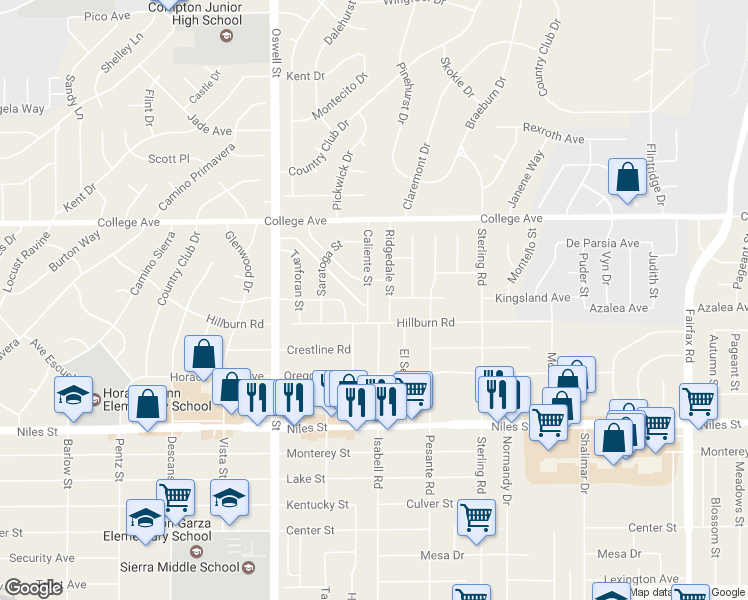 map of restaurants, bars, coffee shops, grocery stores, and more near 3001 Caliente Street in Bakersfield