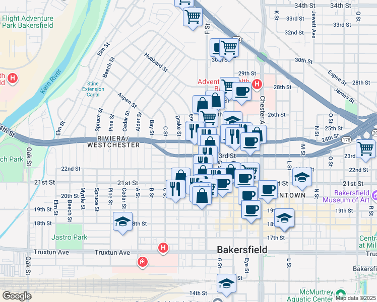 map of restaurants, bars, coffee shops, grocery stores, and more near 2301 E Street in Bakersfield