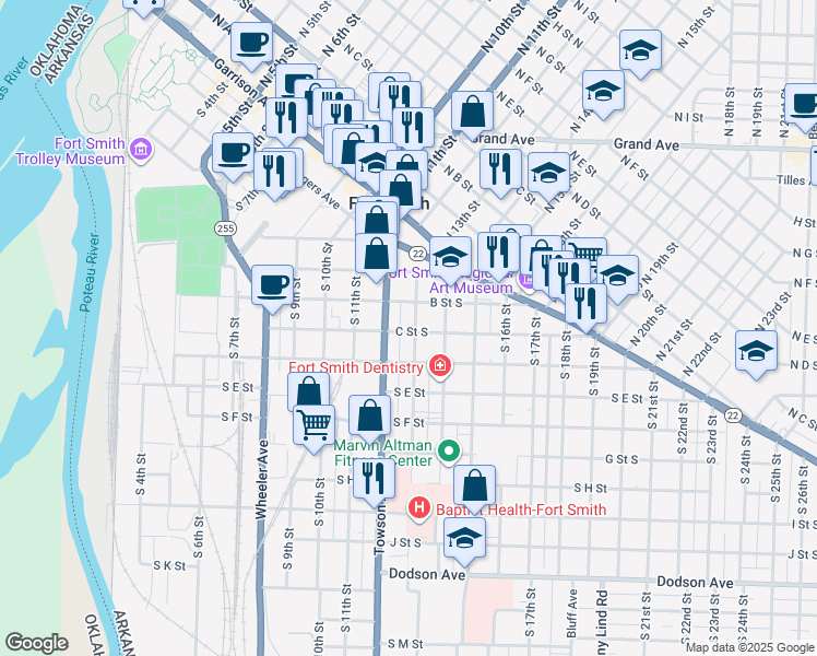 map of restaurants, bars, coffee shops, grocery stores, and more near 1201-1299 C St S in Fort Smith