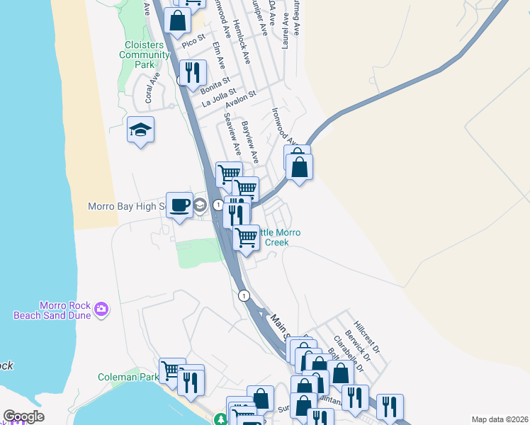 map of restaurants, bars, coffee shops, grocery stores, and more near 500 Atascadero Road in Morro Bay