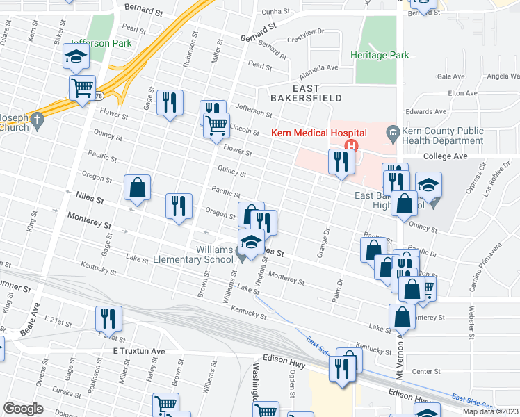 map of restaurants, bars, coffee shops, grocery stores, and more near 1601 Pacific Street in Bakersfield