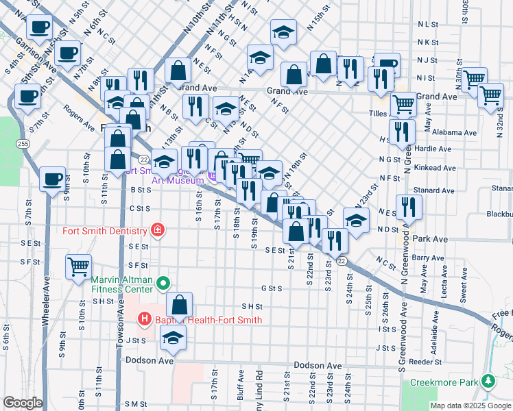 map of restaurants, bars, coffee shops, grocery stores, and more near 1825 North A Street in Fort Smith