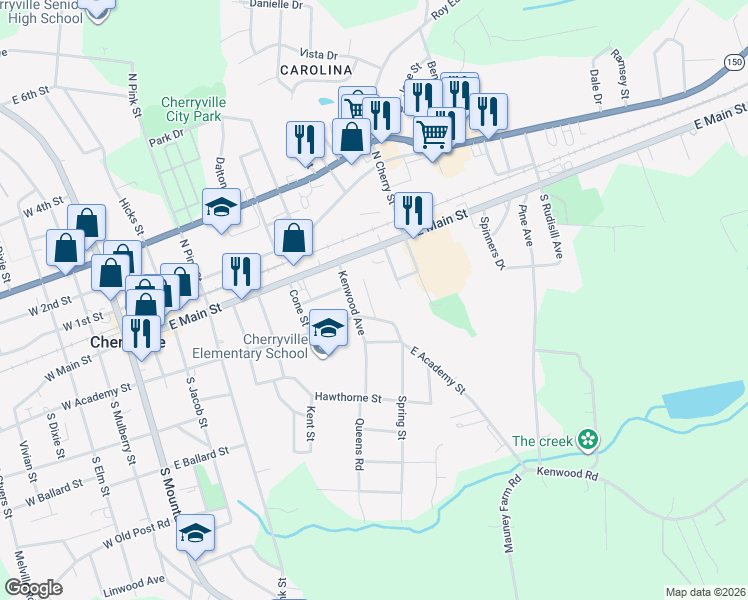 map of restaurants, bars, coffee shops, grocery stores, and more near 207 Bell Street in Cherryville
