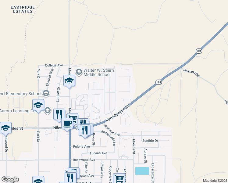 map of restaurants, bars, coffee shops, grocery stores, and more near 8702 Broadstone Place in Bakersfield