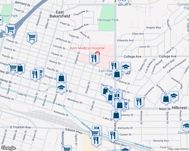 map of restaurants, bars, coffee shops, grocery stores, and more near 1905 Quincy Street in Bakersfield