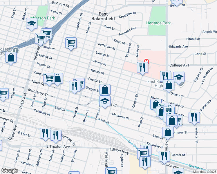 map of restaurants, bars, coffee shops, grocery stores, and more near 1620 Pacific Street in Bakersfield