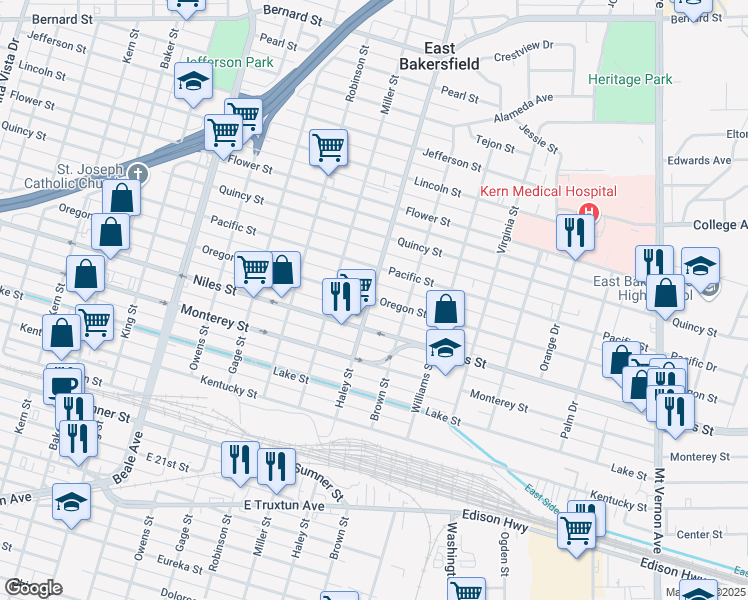map of restaurants, bars, coffee shops, grocery stores, and more near 1330 Oregon Street in Bakersfield