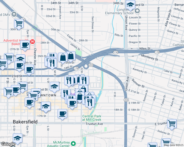 map of restaurants, bars, coffee shops, grocery stores, and more near 601 24th Street in Bakersfield