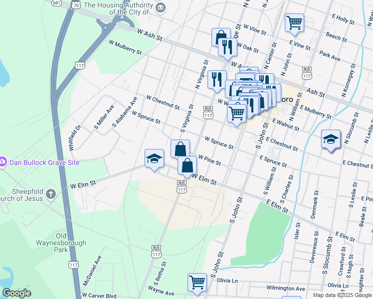 map of restaurants, bars, coffee shops, grocery stores, and more near 318 West Pine Street in Goldsboro