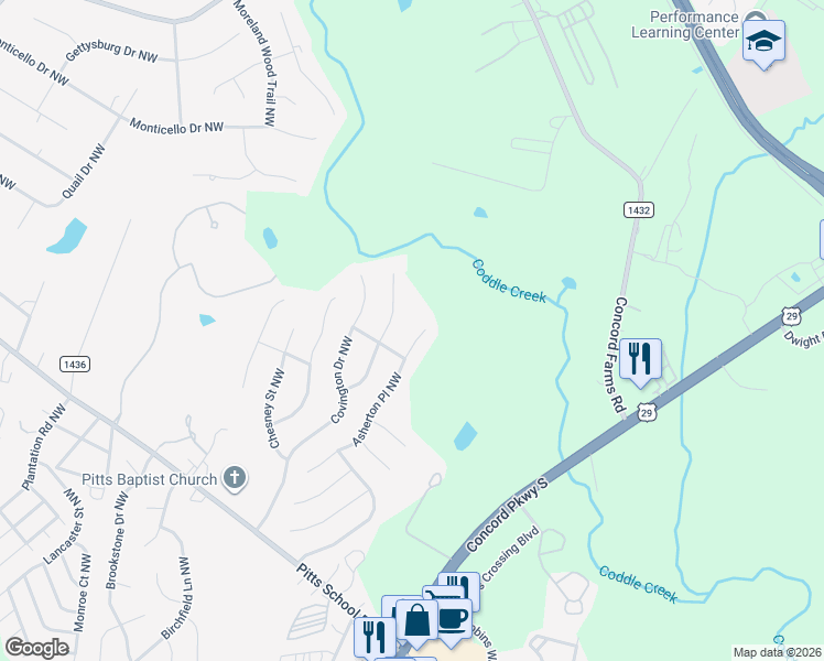 map of restaurants, bars, coffee shops, grocery stores, and more near 4760 Lauren Glen Street Northwest in Concord