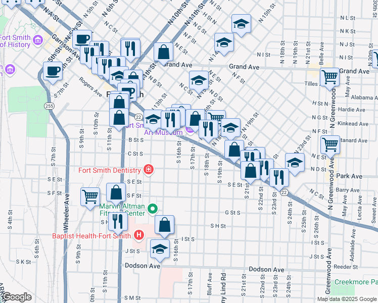 map of restaurants, bars, coffee shops, grocery stores, and more near 1609 State Highway 22 in Fort Smith