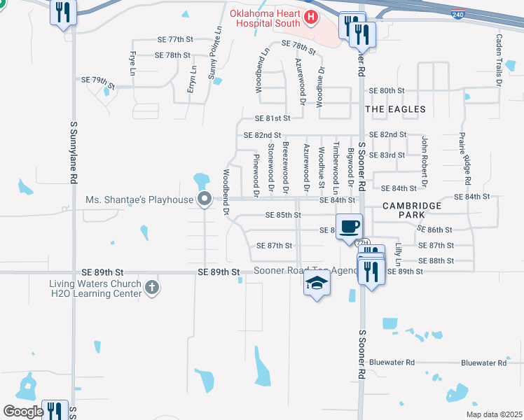 map of restaurants, bars, coffee shops, grocery stores, and more near 5201 Southeast 85th Street in Oklahoma City