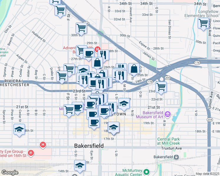 map of restaurants, bars, coffee shops, grocery stores, and more near 2308 K Street in Bakersfield
