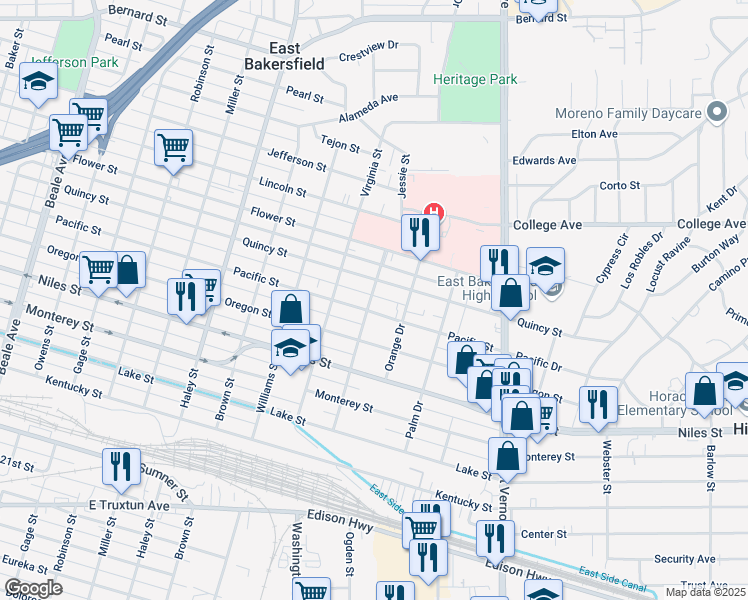 map of restaurants, bars, coffee shops, grocery stores, and more near 1509 West Drive in Bakersfield