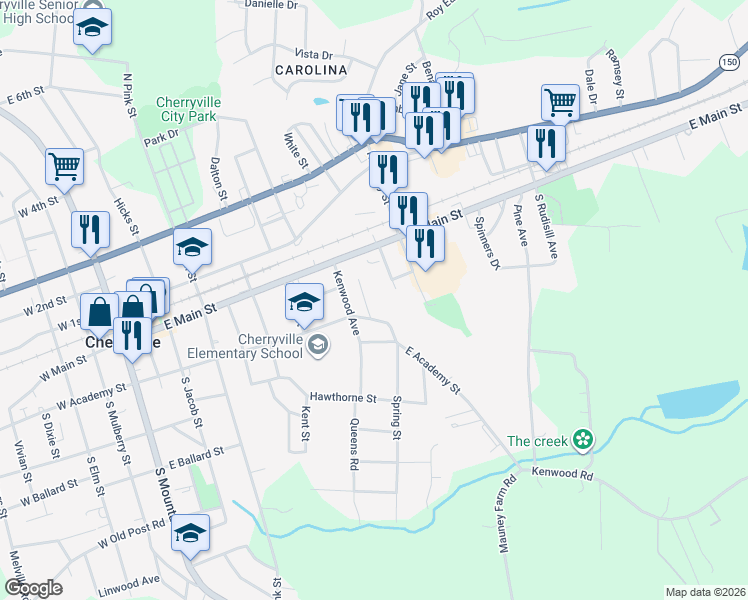 map of restaurants, bars, coffee shops, grocery stores, and more near 207 Bell Street in Cherryville