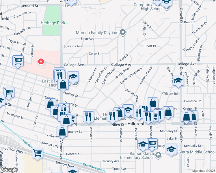 map of restaurants, bars, coffee shops, grocery stores, and more near 1713 Burton Way in Bakersfield