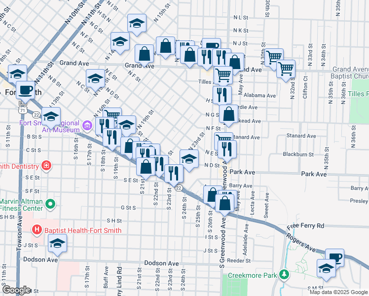 map of restaurants, bars, coffee shops, grocery stores, and more near 401 North 23rd Street in Fort Smith