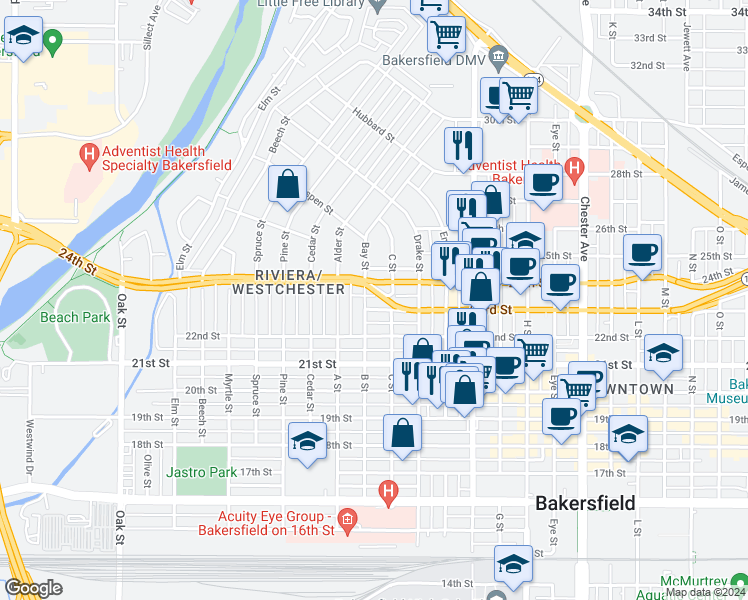 map of restaurants, bars, coffee shops, grocery stores, and more near 2310 B Street in Bakersfield