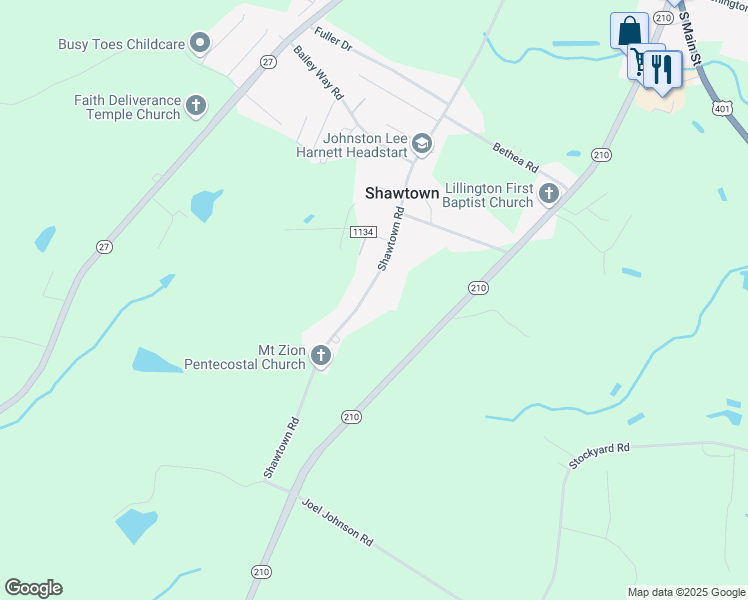 map of restaurants, bars, coffee shops, grocery stores, and more near 995 Shawtown Road in Lillington