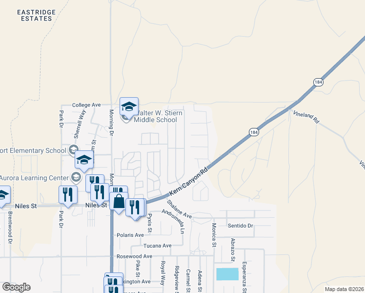 map of restaurants, bars, coffee shops, grocery stores, and more near 8702 Broadstone Place in Bakersfield