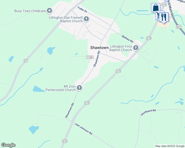 map of restaurants, bars, coffee shops, grocery stores, and more near 995 Shawtown Road in Lillington