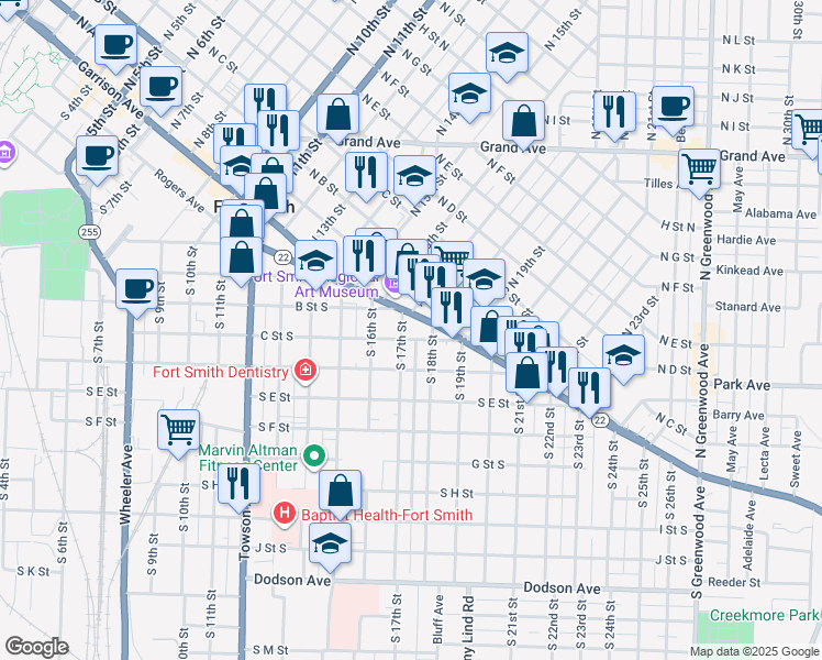 map of restaurants, bars, coffee shops, grocery stores, and more near 1700 Rogers Avenue in Fort Smith