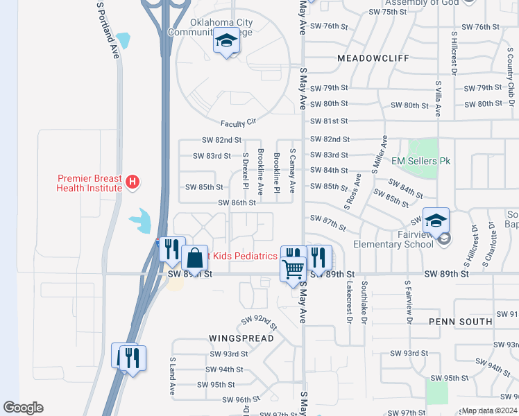 map of restaurants, bars, coffee shops, grocery stores, and more near 3014 Southwest 86th Street in Oklahoma City