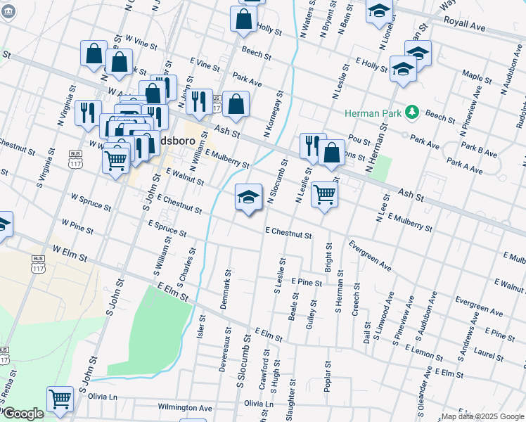 map of restaurants, bars, coffee shops, grocery stores, and more near 505 East Chestnut Street in Goldsboro