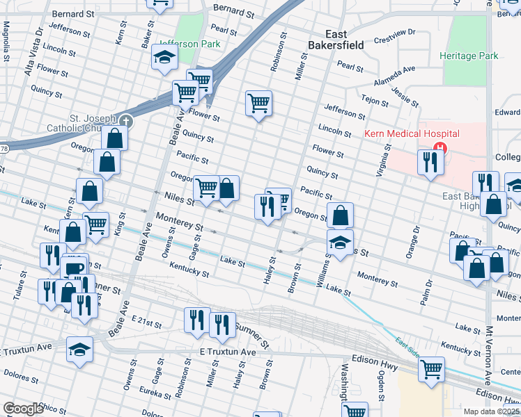 map of restaurants, bars, coffee shops, grocery stores, and more near 1323 Miller Street in Bakersfield