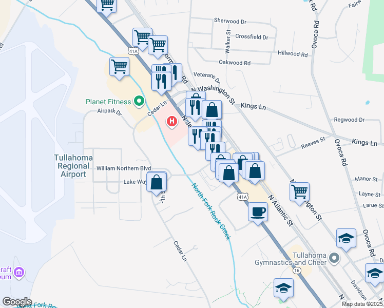 map of restaurants, bars, coffee shops, grocery stores, and more near 1711 North Jackson Street in Tullahoma